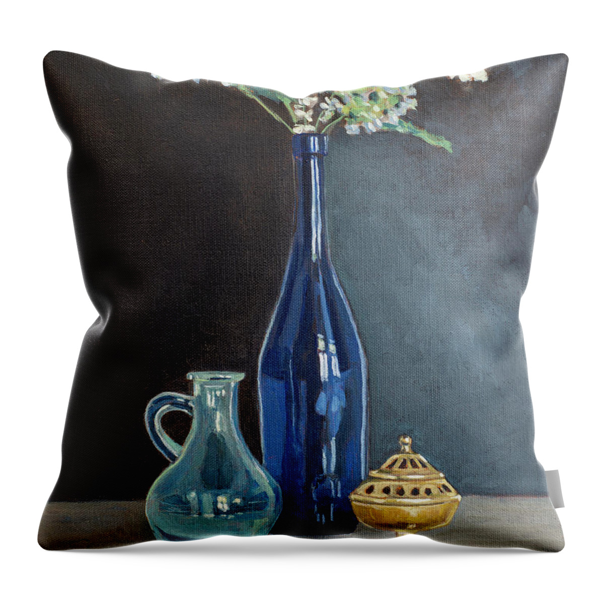 Taste Throw Pillow featuring the painting Blue Glass Wine Bottle with Flowers Water Jug and Censer Still Life by Pablo Avanzini