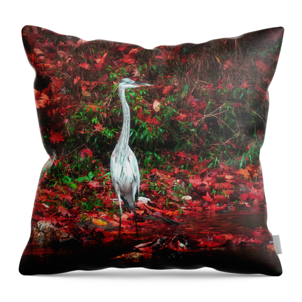 Heron Throw Pillow featuring the photograph Blue Heron and Red Autumn Leaves by Jason Fink