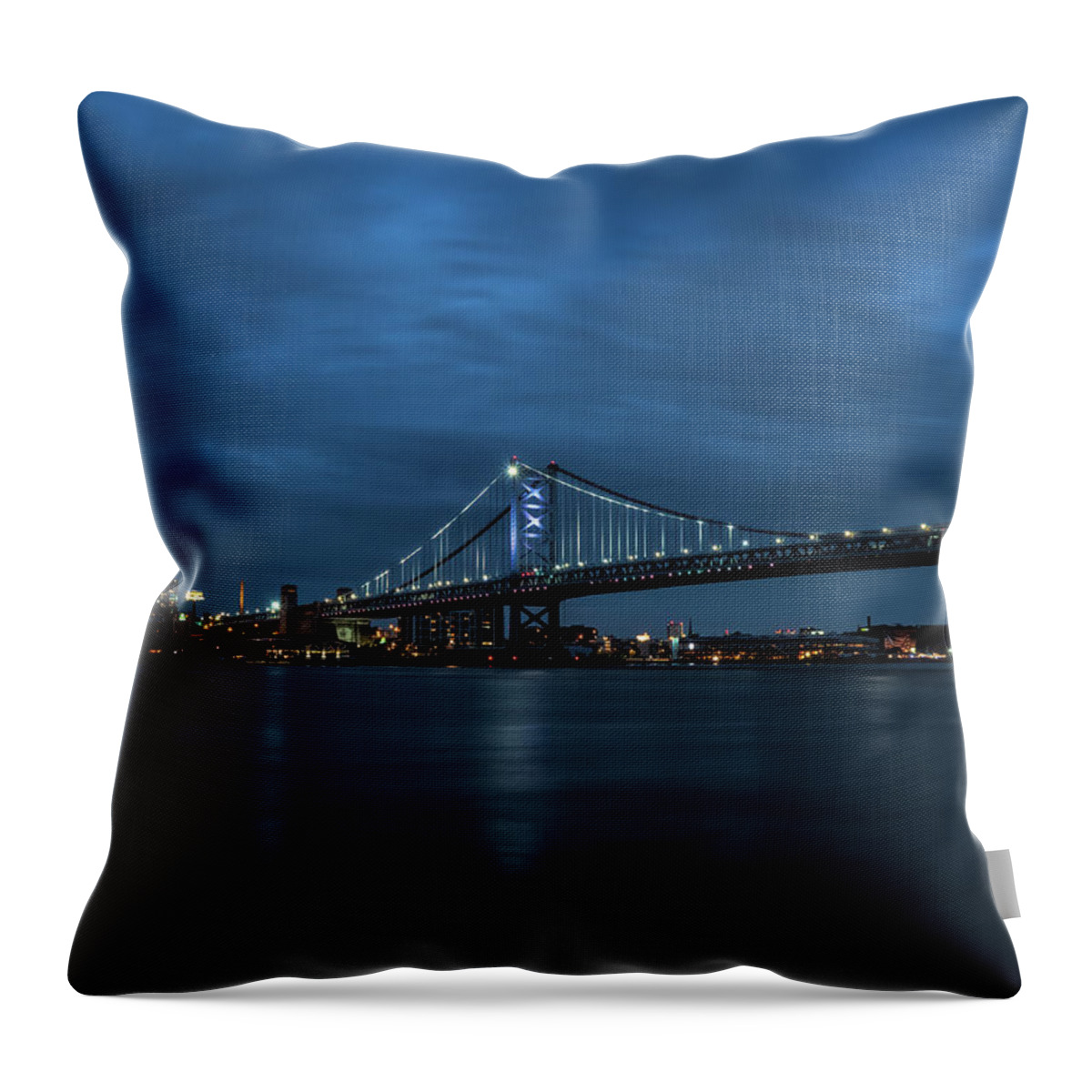 Bridge Throw Pillow featuring the photograph Blue Hour Over The Ben Franklin Bridge by Kristia Adams