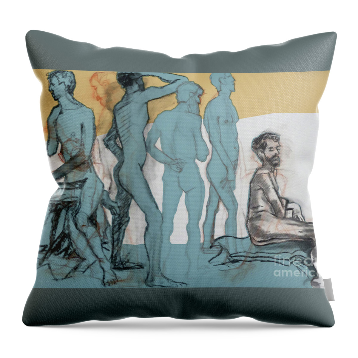 Male Nude Throw Pillow featuring the mixed media Blue Nude by PJ Kirk