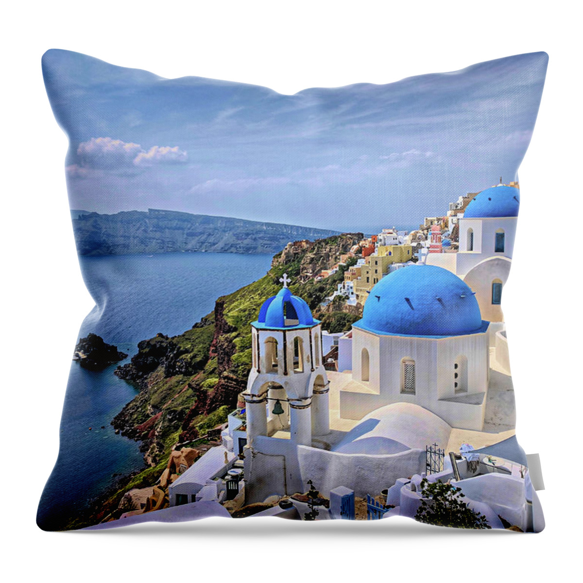 Oia Throw Pillow featuring the photograph Blue Roofs of Oia Santorini by Yvonne Jasinski