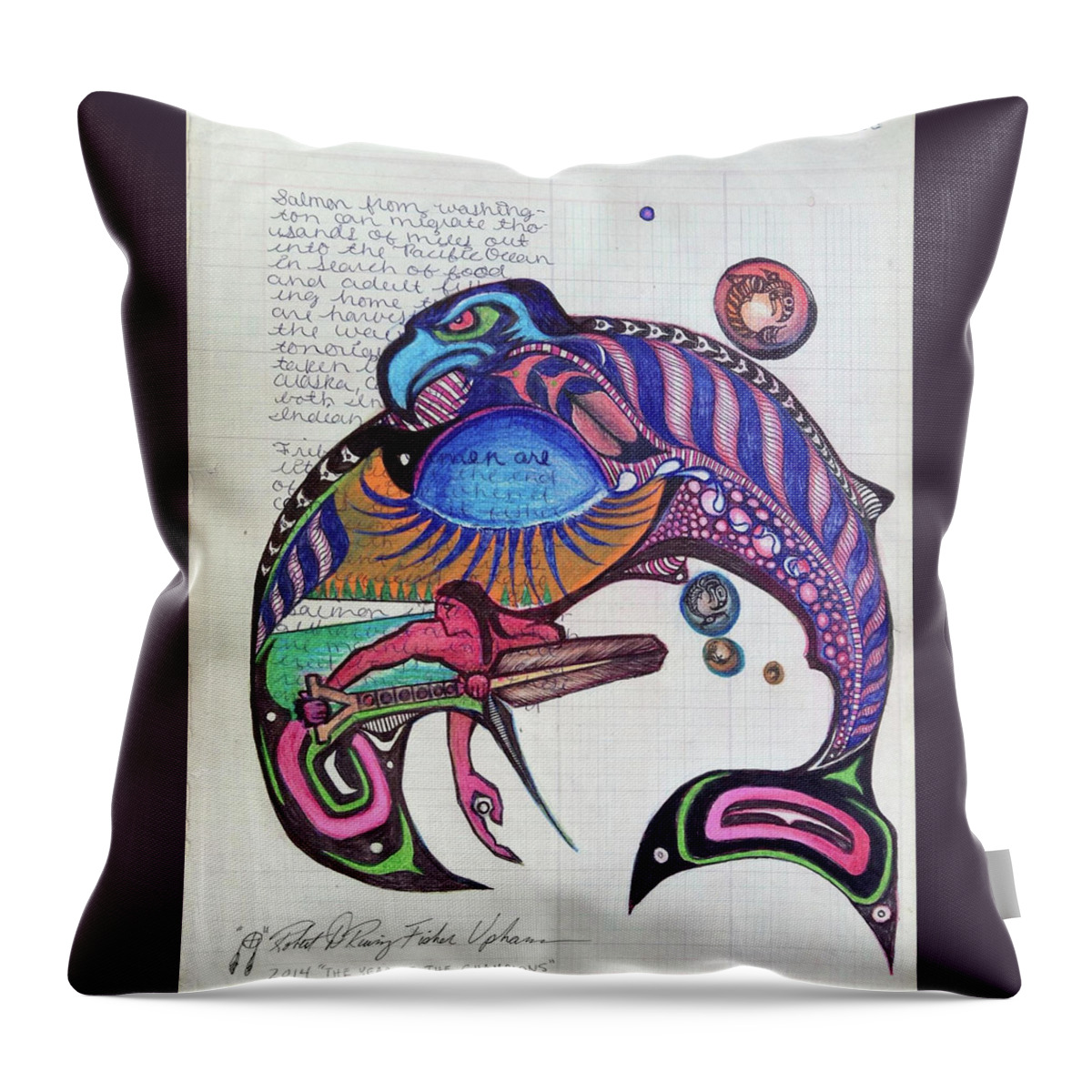 Quinault Nation Throw Pillow featuring the drawing Blueback Salmon by Robert Running Fisher Upham