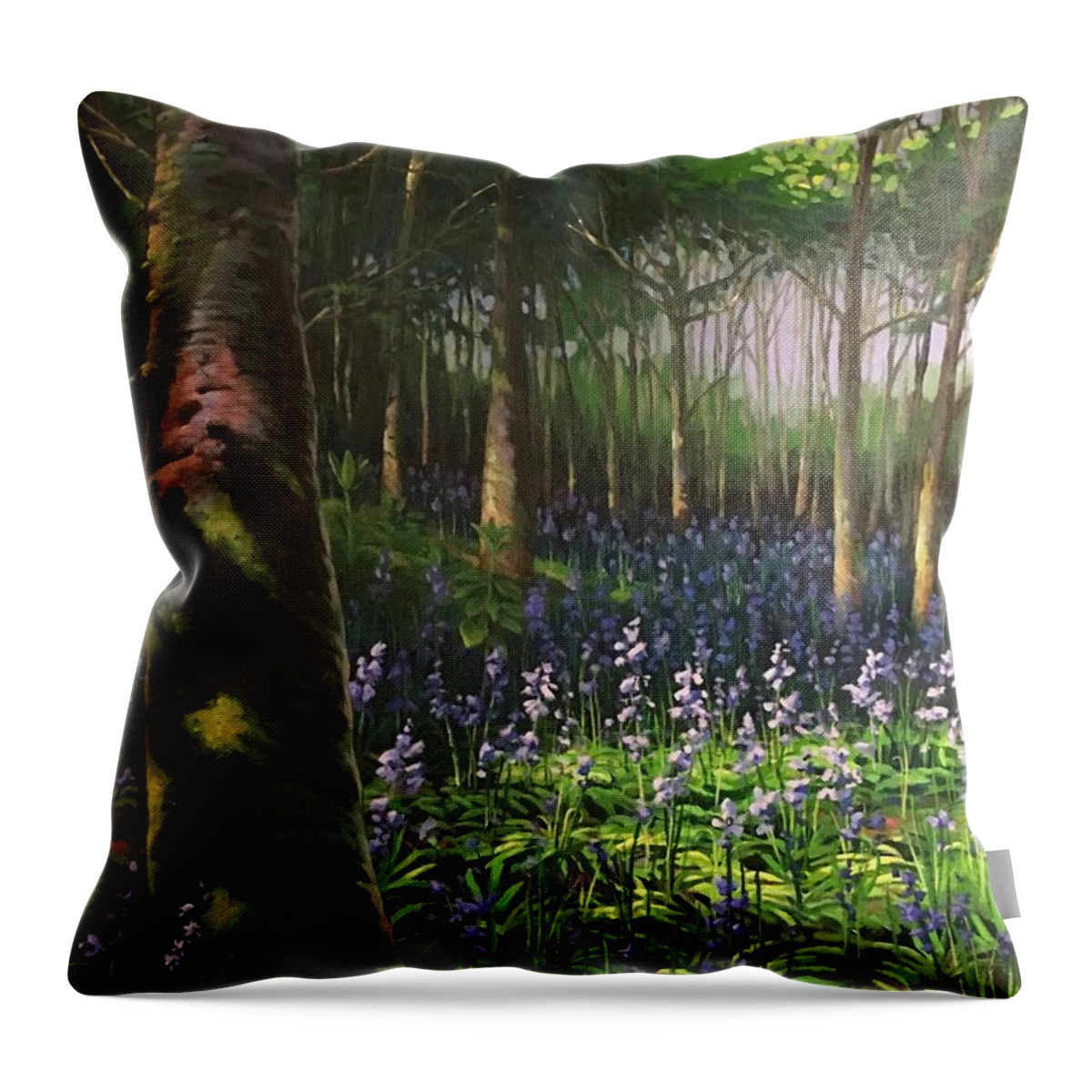 Bluebells Throw Pillow featuring the painting Bluebells in Humewood Forest by Don Morgan
