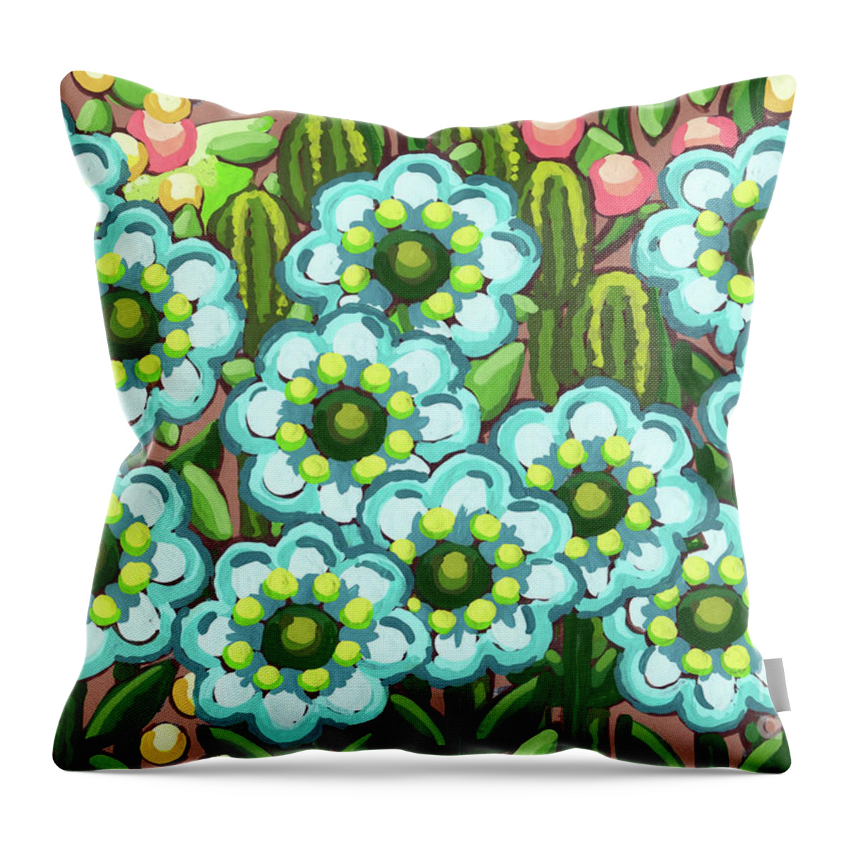 Flower Throw Pillow featuring the painting Blueberry Bubble Gum. Posy Picnic Painting Series by Amy E Fraser