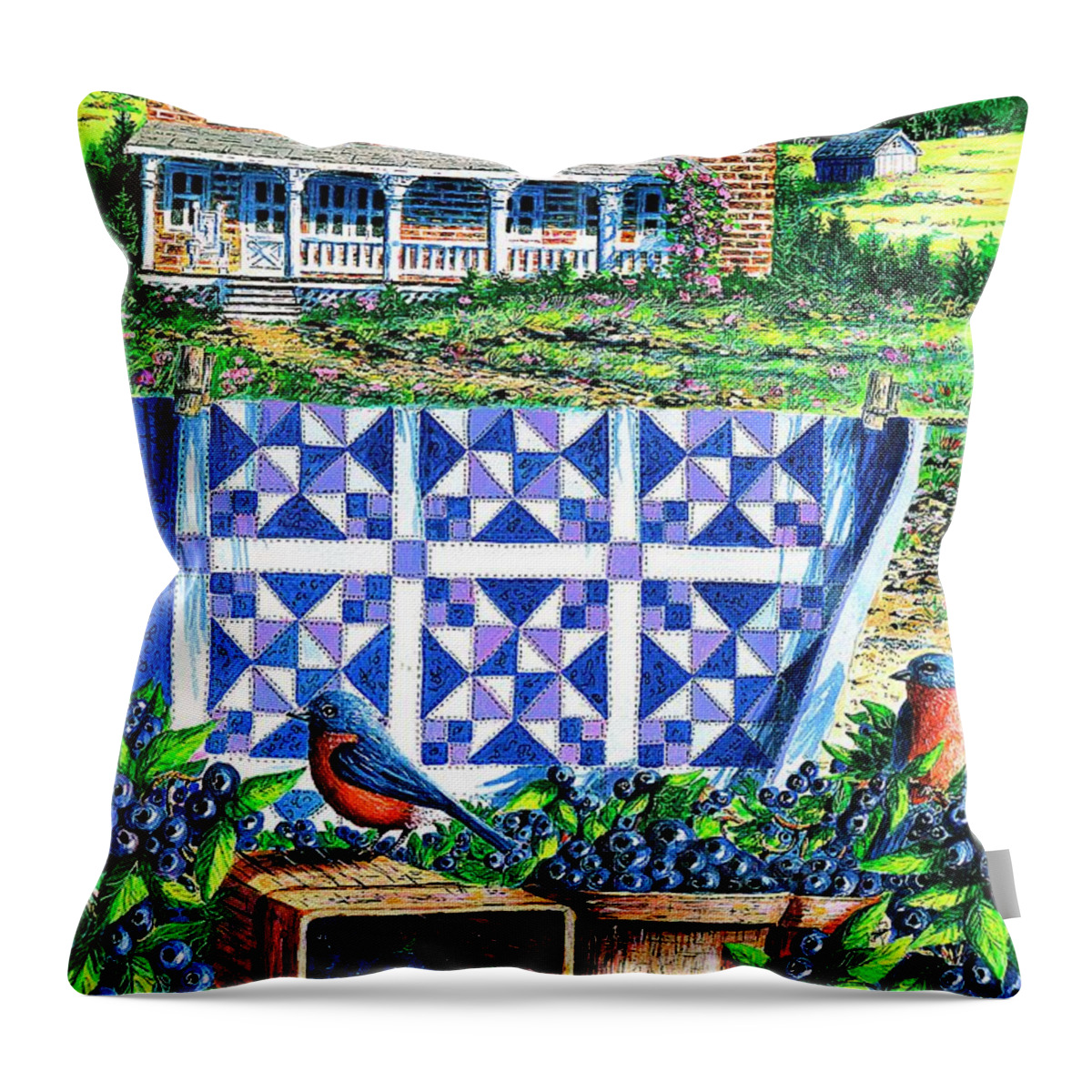 Blueberries Throw Pillow featuring the painting Bluebirds and Blueberries by Diane Phalen