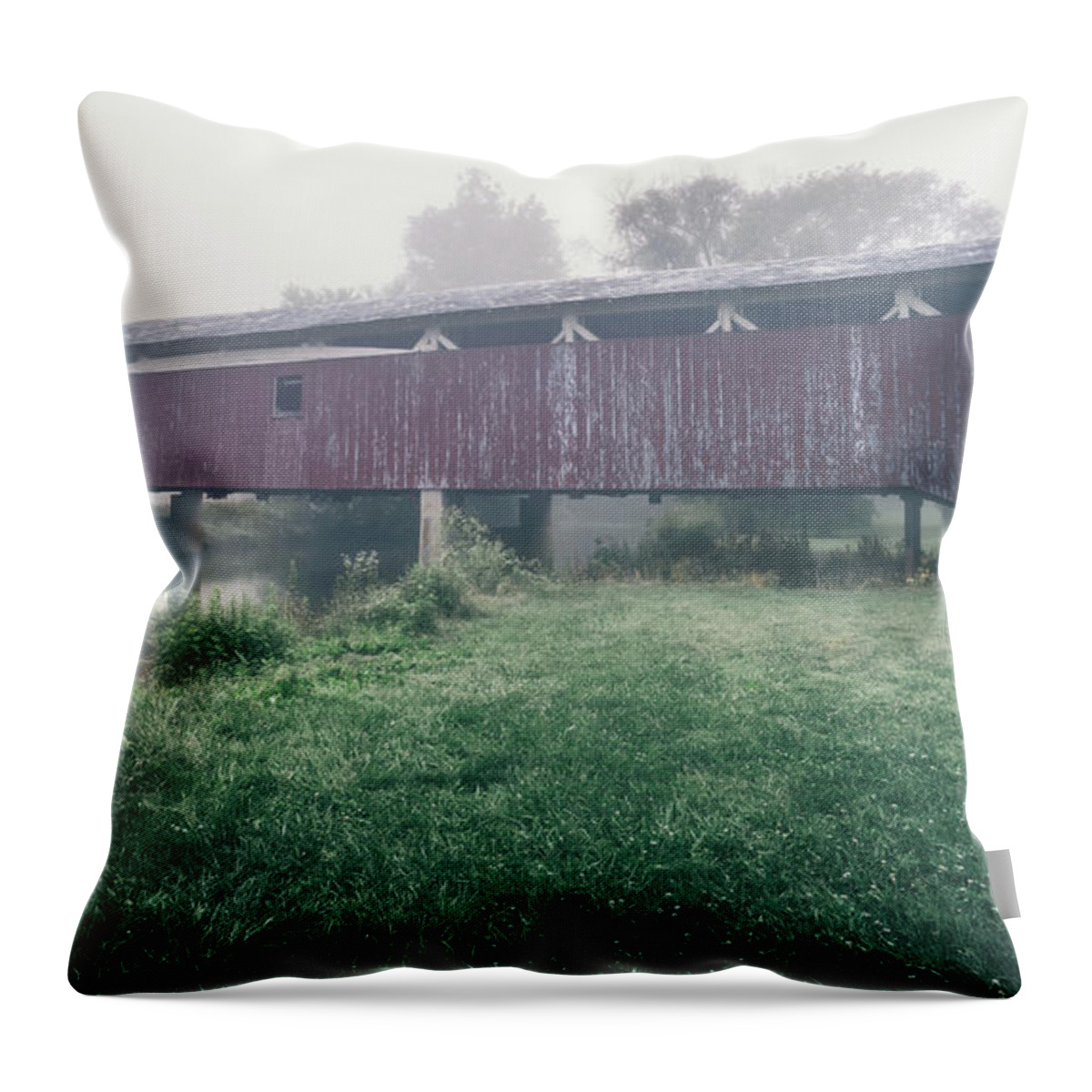 Allentown Throw Pillow featuring the photograph Bogert's Covered Bridge Misty June by Jason Fink