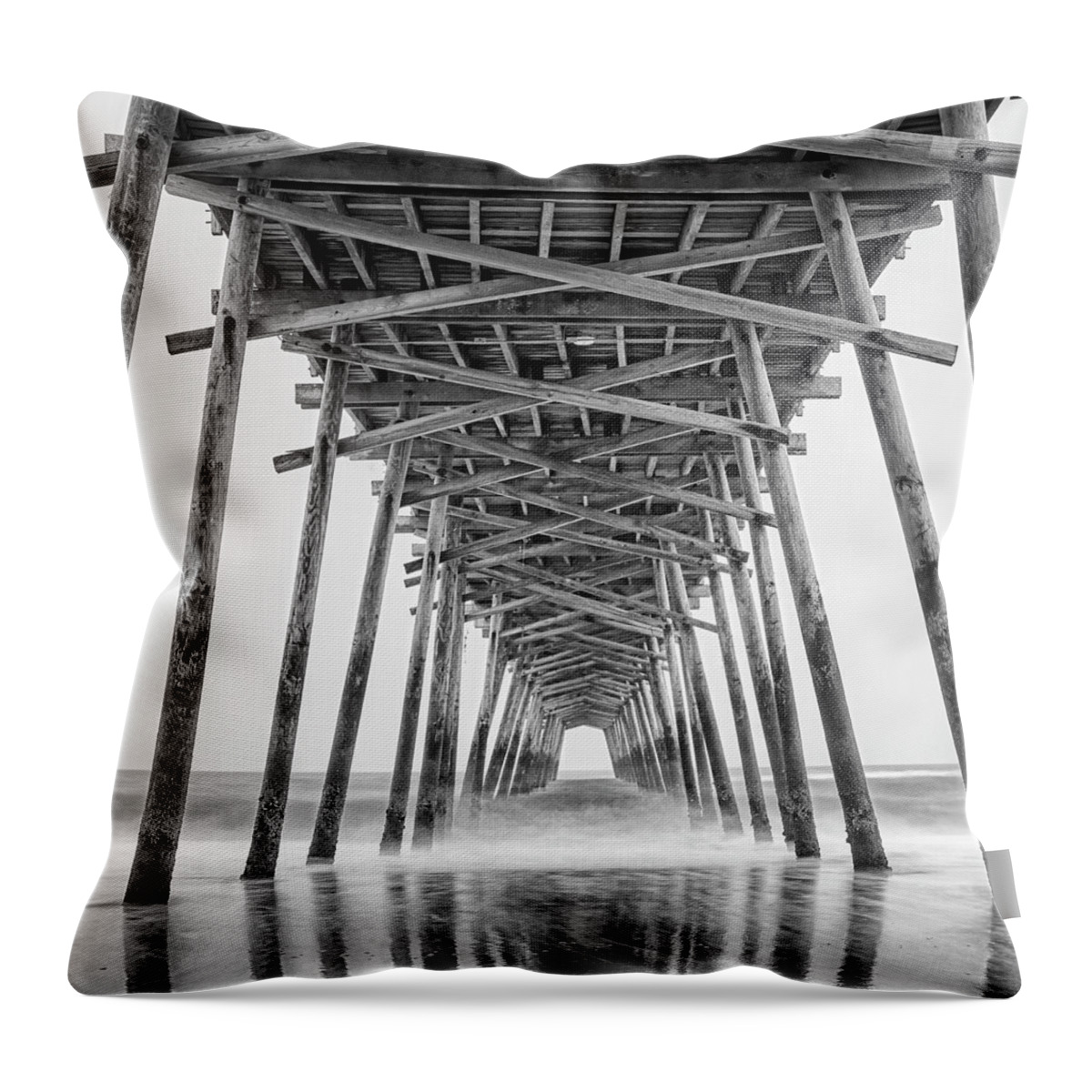 Bogue Inlet Throw Pillow featuring the photograph Bogue Inlet Fishing Pier on a Foggy Evening by Bob Decker