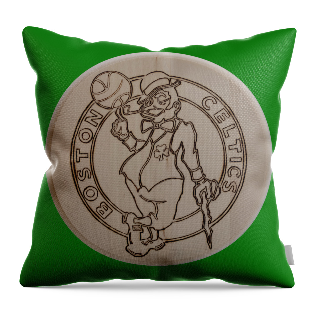Wood Burned Art Throw Pillow featuring the pyrography Boston Celtics est 1946 by Sean Connolly