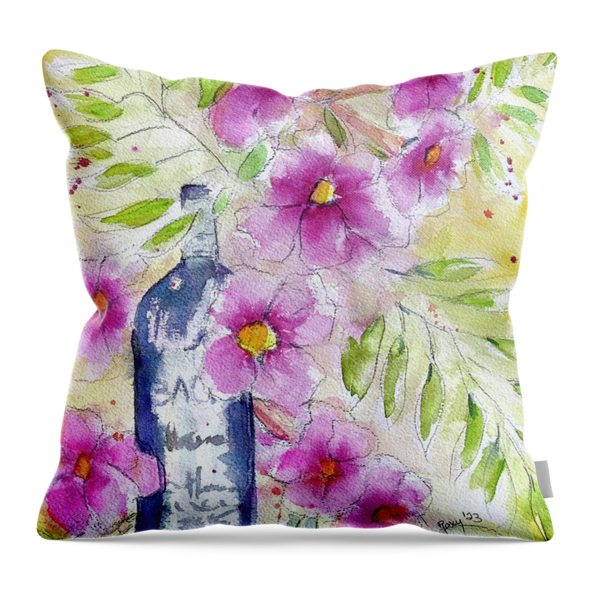 Wine Bottle Throw Pillow featuring the painting Bottle and Blooms by Roxy Rich