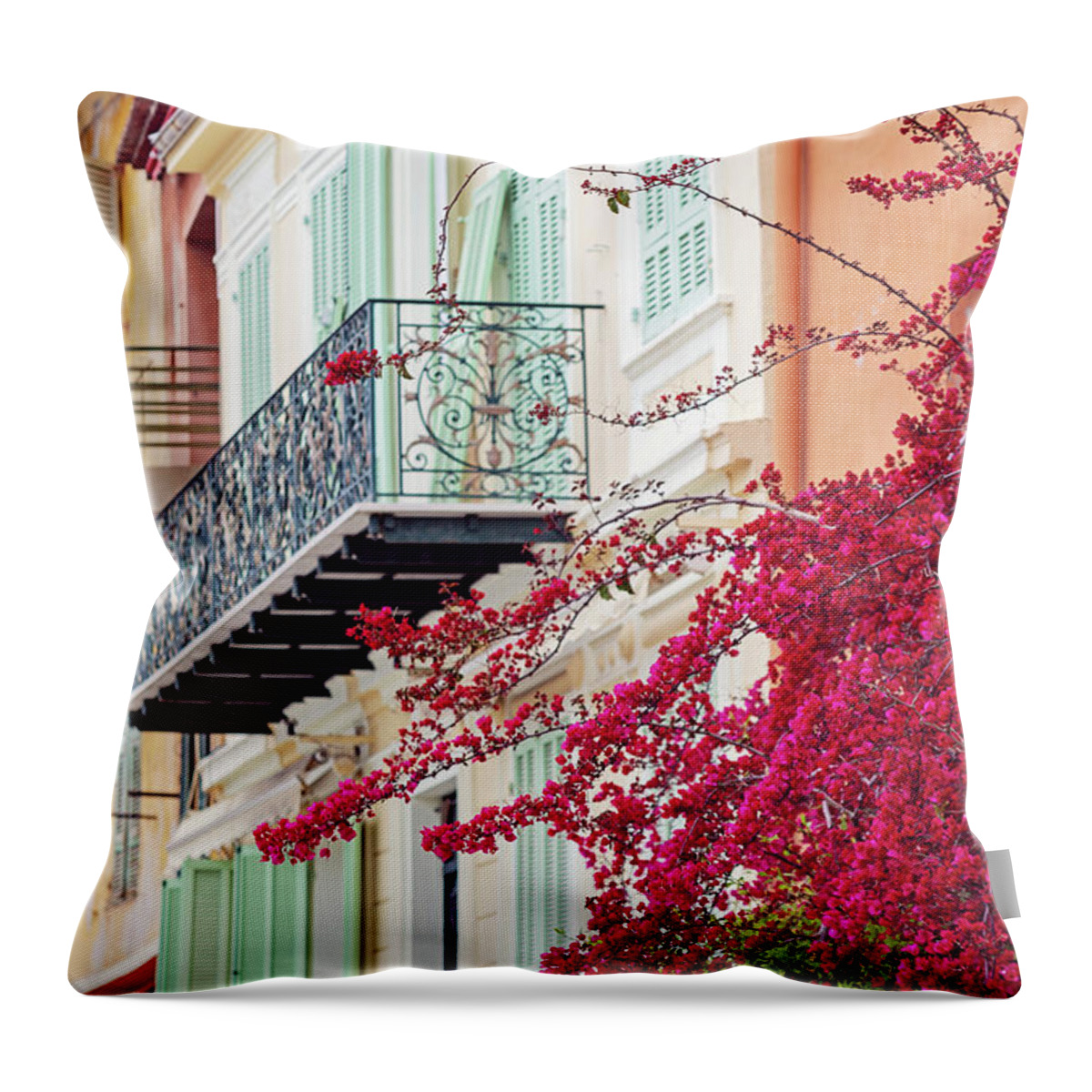 Bougainvillea Throw Pillow featuring the photograph Bougainvillea in Villefranche Sur Mer by Melanie Alexandra Price