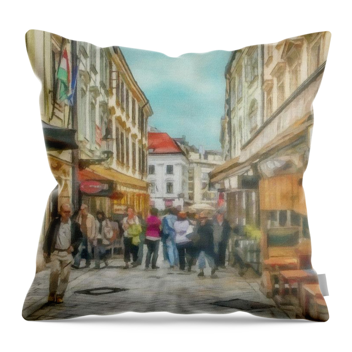 Bratislava Throw Pillow featuring the painting Bratislava Street Scene by Jeffrey Kolker
