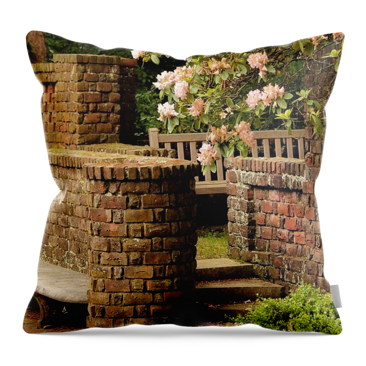 Brick Wall Bench Stairs Flowers Throw Pillow featuring the photograph Brick Walls1 by John Linnemeyer
