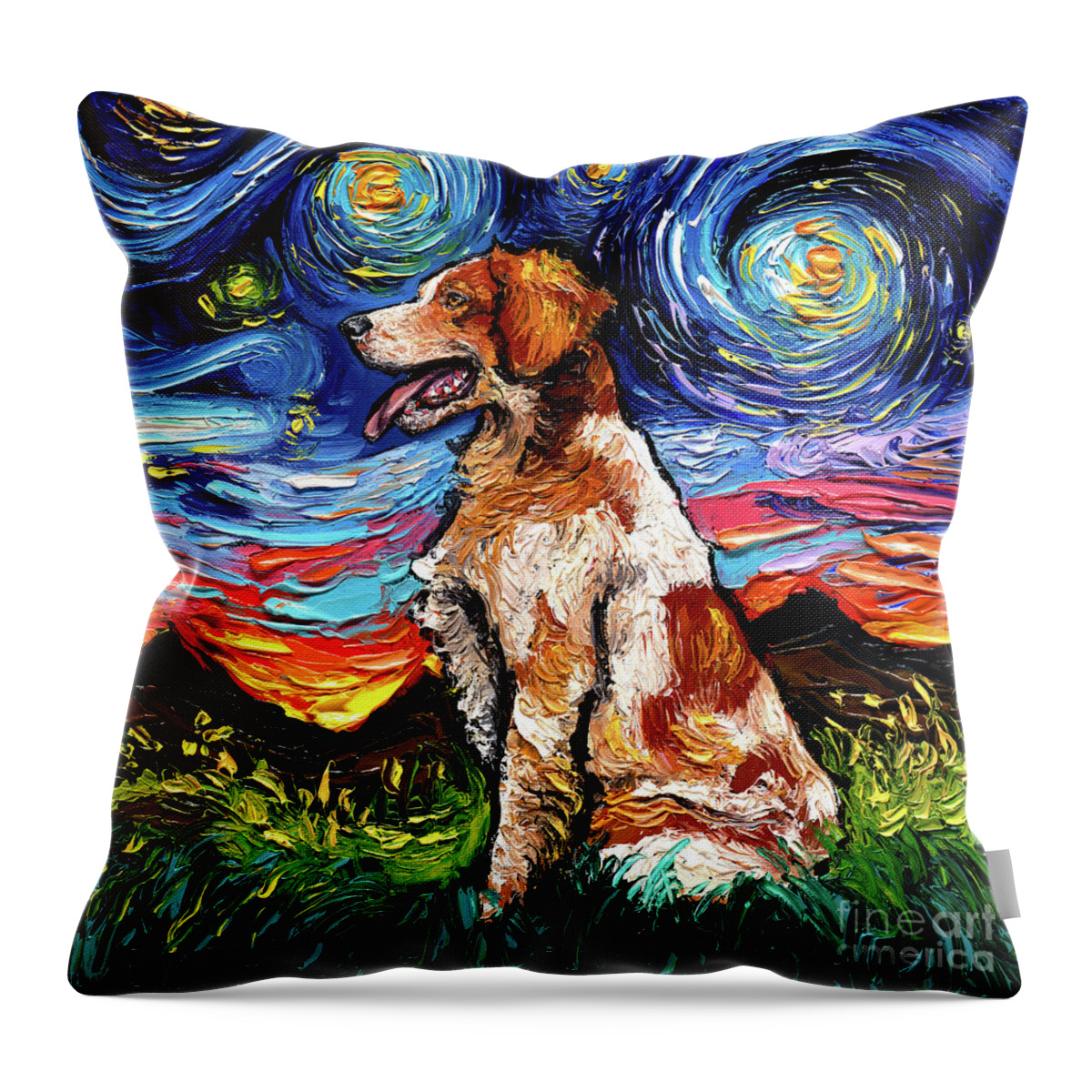 Starry Night Dog Throw Pillow featuring the painting Brittany Spaniel Night by Aja Trier