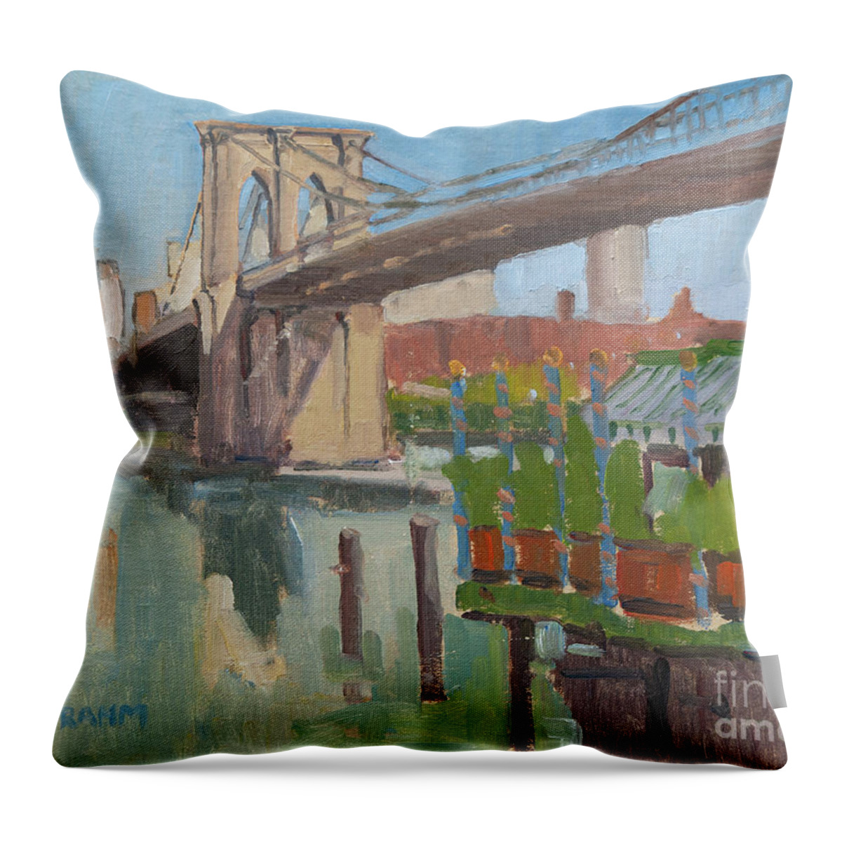 Brooklyn Bridge Throw Pillow featuring the painting Brooklyn Bridge at River Cafe - New York City by Paul Strahm