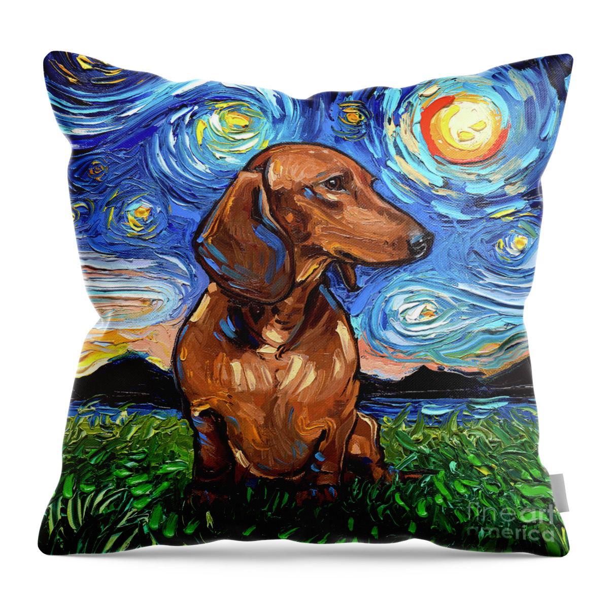 Dachshund Throw Pillow featuring the painting Brown Dachshund Night by Aja Trier