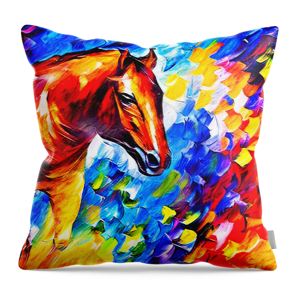 Horse Throw Pillow featuring the digital art Brown horse portrait on a colorful blue, red and yellow background by Nicko Prints