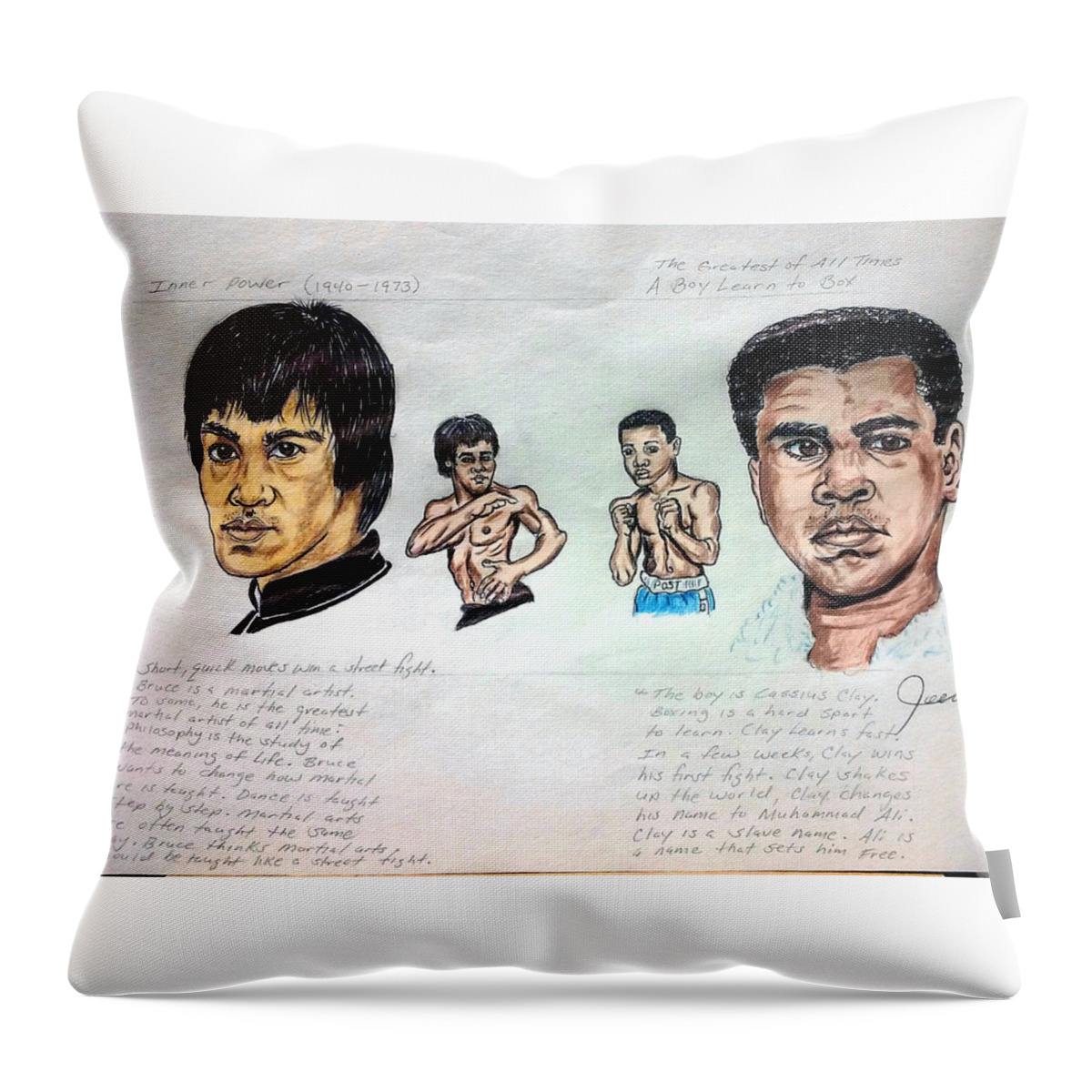  Throw Pillow featuring the drawing Bruce Lee with Muhammad Ali by Joedee