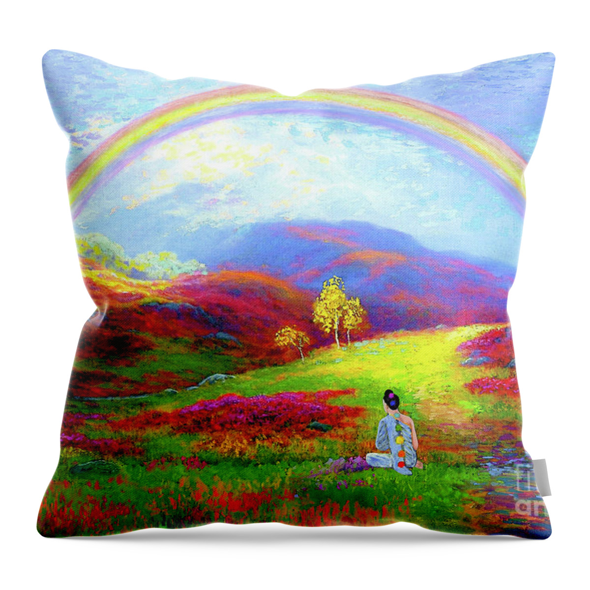  Meditation Throw Pillow featuring the painting Buddha Chakra Rainbow Meditation by Jane Small