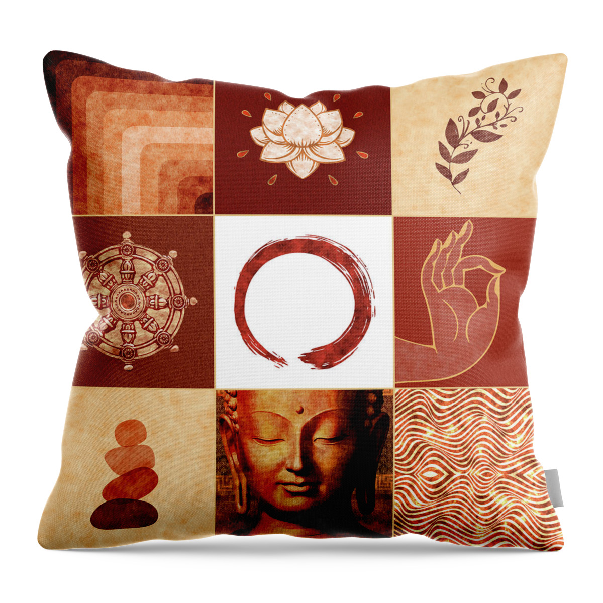Buddha Throw Pillow featuring the mixed media Buddha Grid 01 - Spiritual Collage by Studio Grafiikka