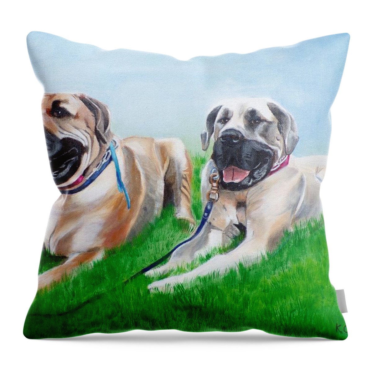 Pets Throw Pillow featuring the painting Bull Mastiffs by Kathie Camara