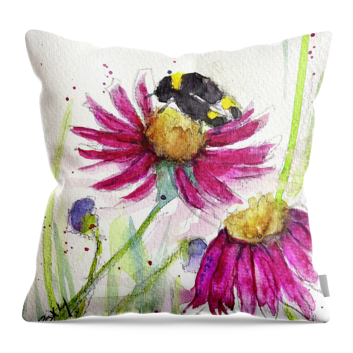 Bee Painting Throw Pillow featuring the painting Bumble Bee in the Coneflowers by Roxy Rich