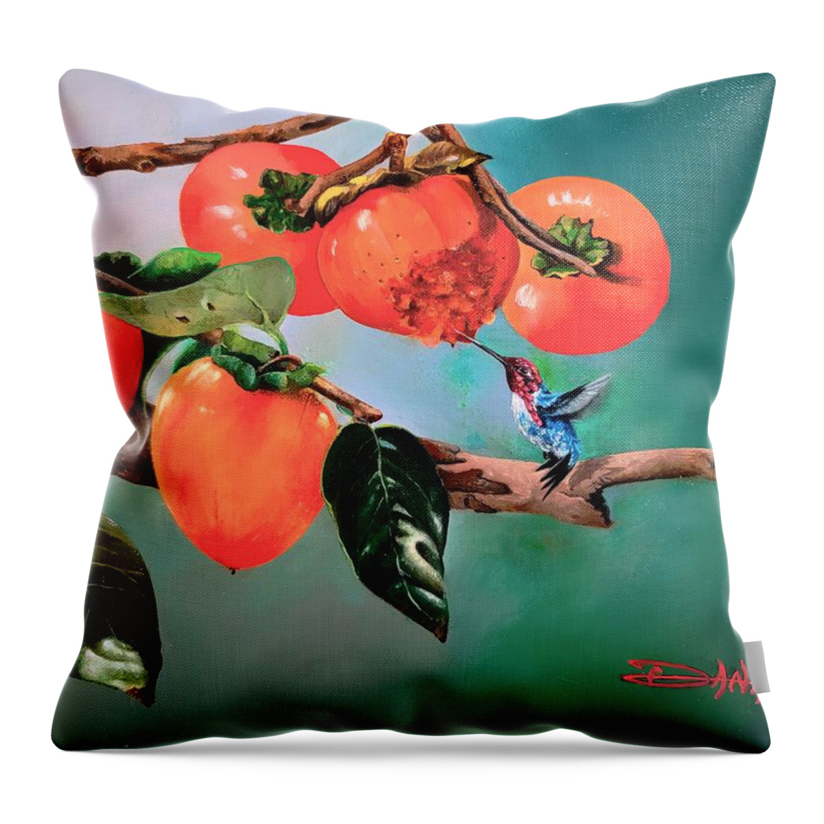 Birds Throw Pillow featuring the painting Bumblebee hummer and Persimmons by Dana Newman