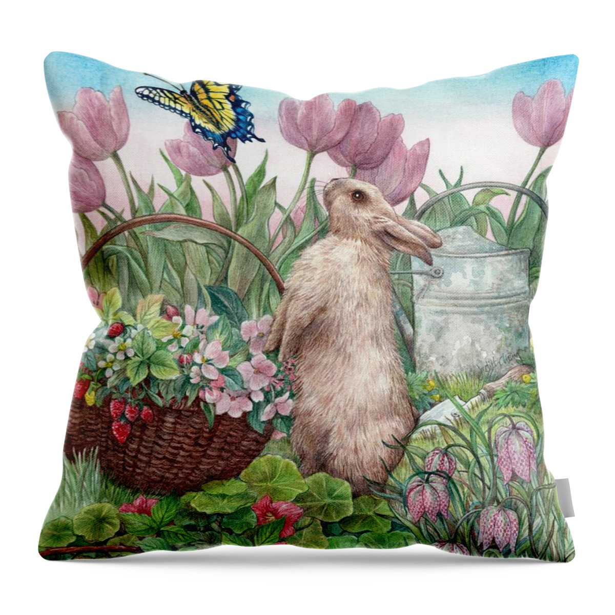 Illustrated Bunny Throw Pillow featuring the painting Bunny in Spring Garden by Judith Cheng