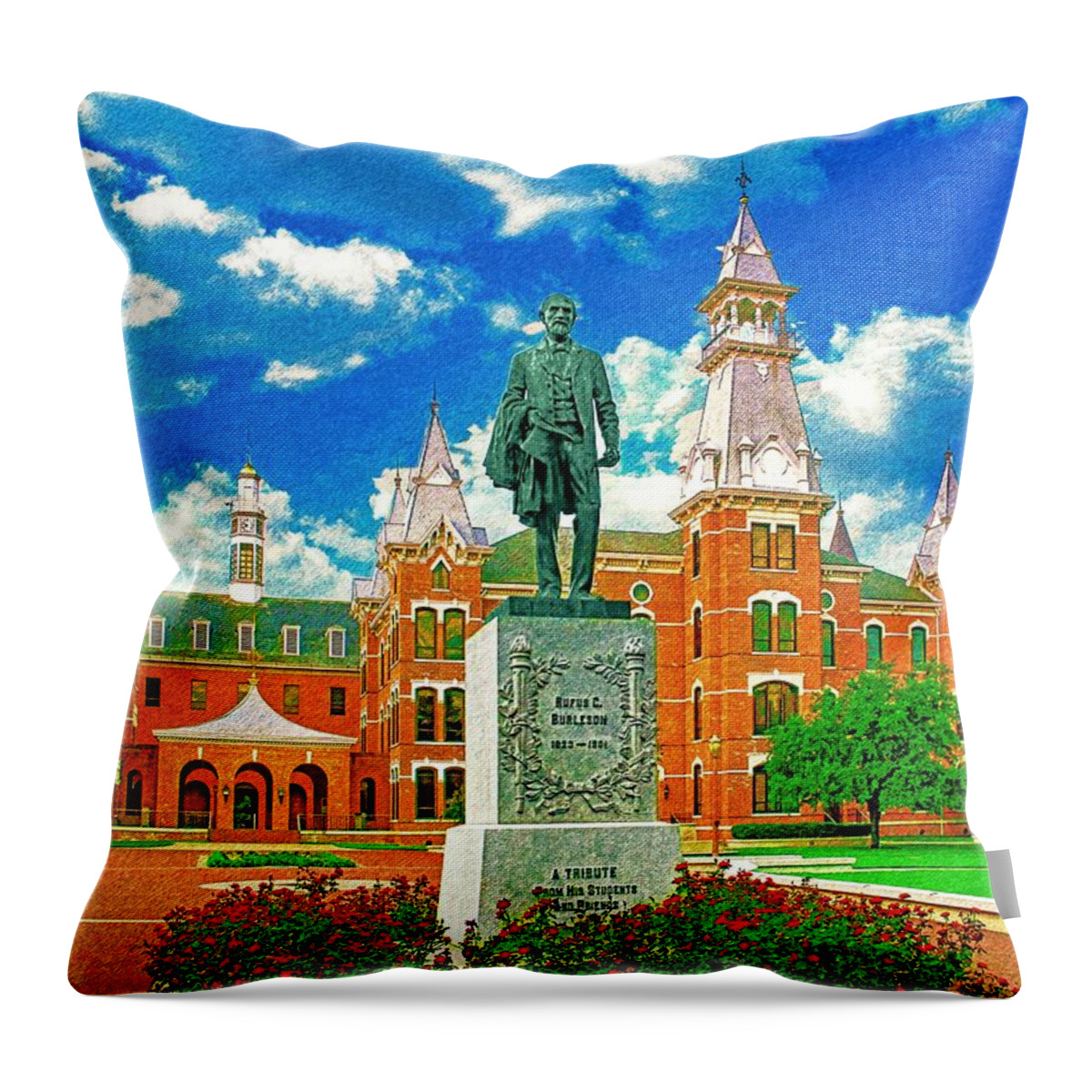Burleson Quadrangle Throw Pillow featuring the digital art Burleson Quadrangle of the Baylor University in Waco, Texas - pencil sketch by Nicko Prints