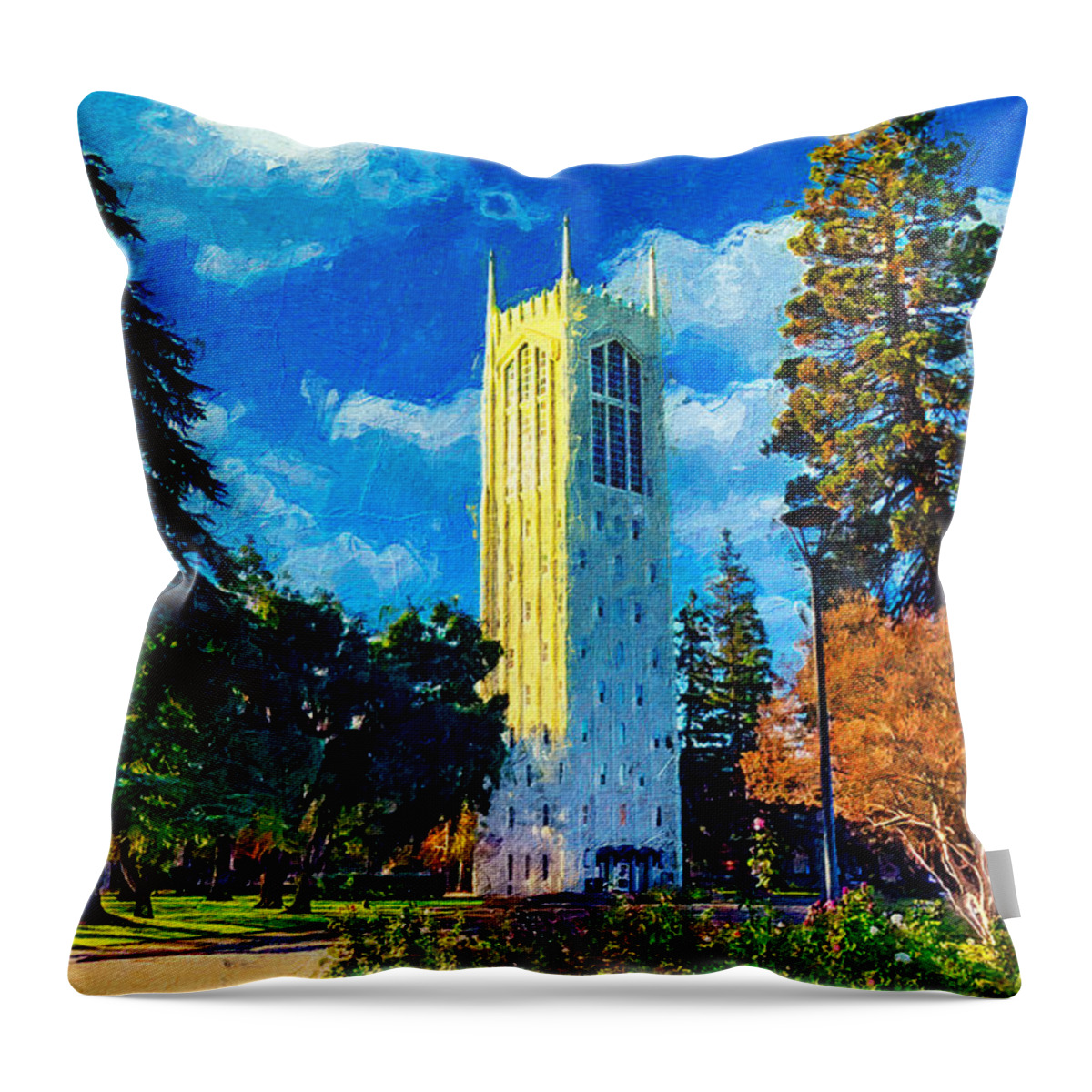 Burns Tower Throw Pillow featuring the digital art Burns Tower of the University of the Pacific in Stockton, California by Nicko Prints