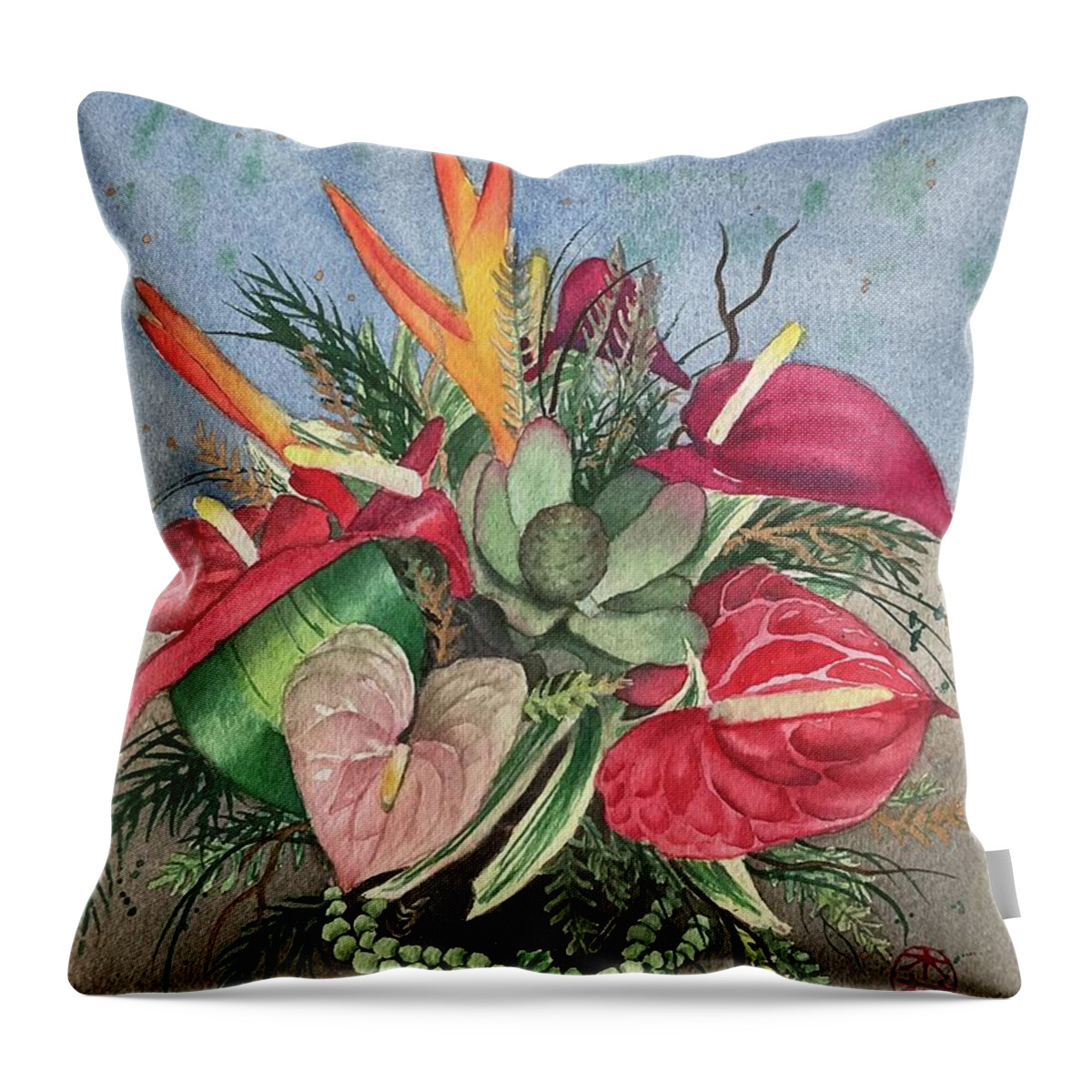 Anthurium Throw Pillow featuring the painting Tropical Bouquet by Kelly Miyuki Kimura