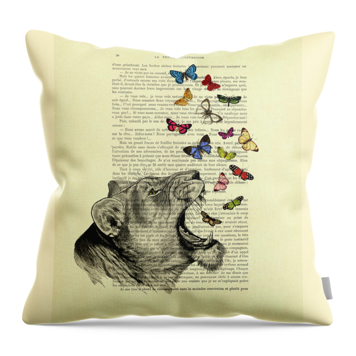 Lion Throw Pillow featuring the digital art Butterflies lioness book page art print by Madame Memento