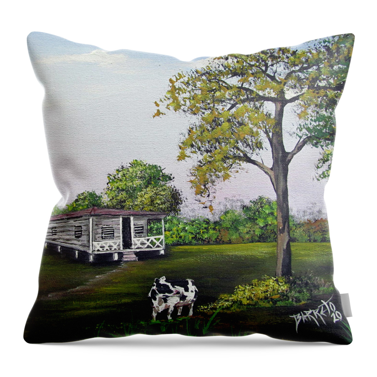 Cow Throw Pillow featuring the painting By The House by Gloria E Barreto-Rodriguez