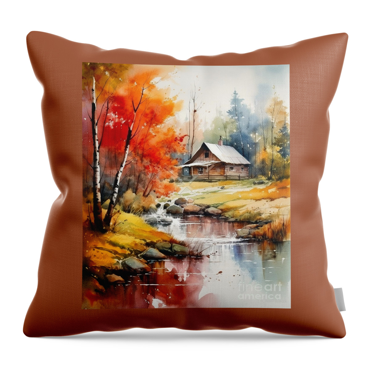 Cabin And Stream Ii Throw Pillow featuring the mixed media Cabin and Stream II by Jay Schankman