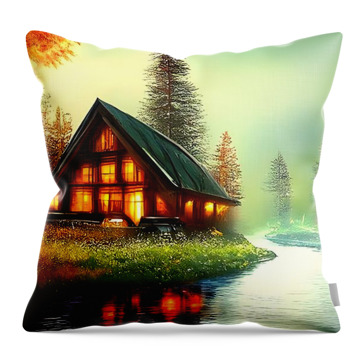 Digital Throw Pillow featuring the digital art Cabin on a River by Beverly Read