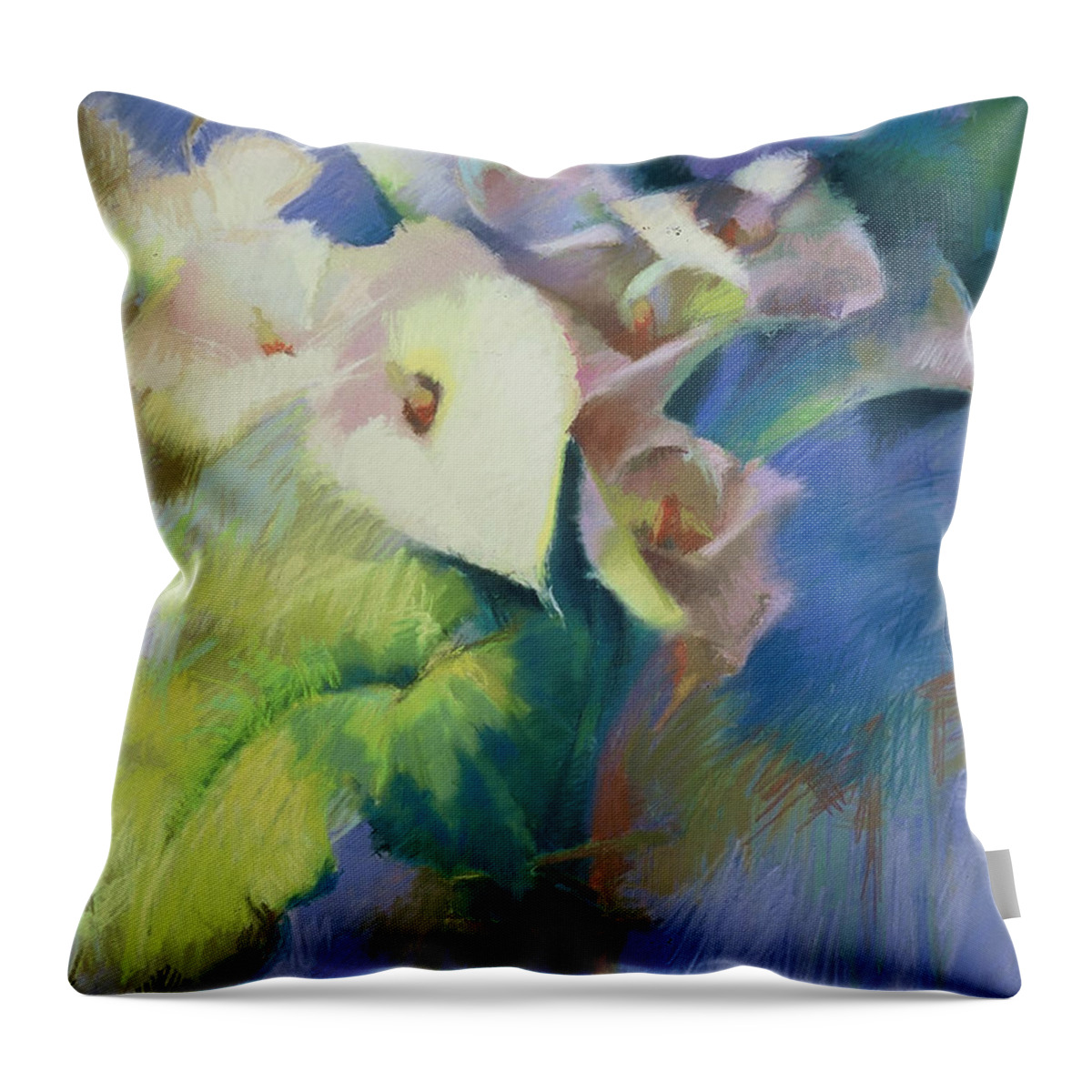 Cala Lilies Throw Pillow featuring the painting Cala Lilies by Cathy Locke