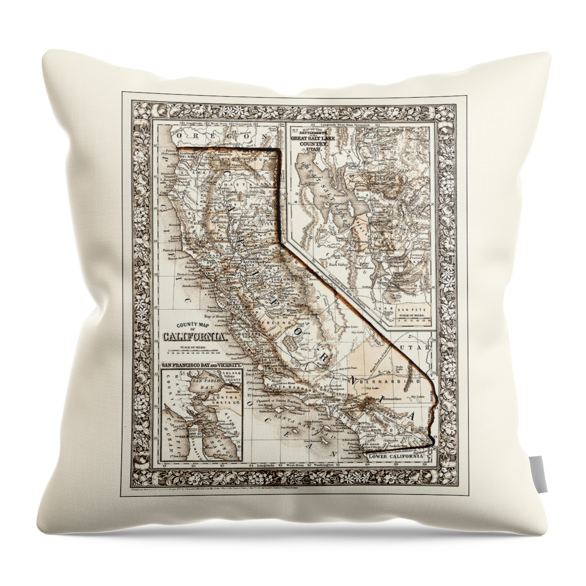 California Throw Pillow featuring the photograph California Vintage County Map 1860 Sepia by Carol Japp