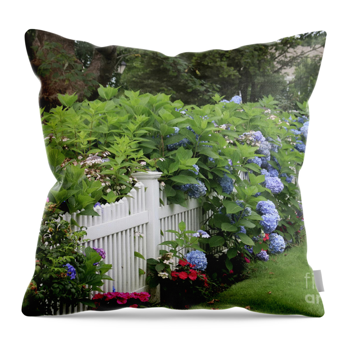 Hydrangeas In Garden Throw Pillow featuring the photograph Cape Cod Flower Garden by Jayne Carney