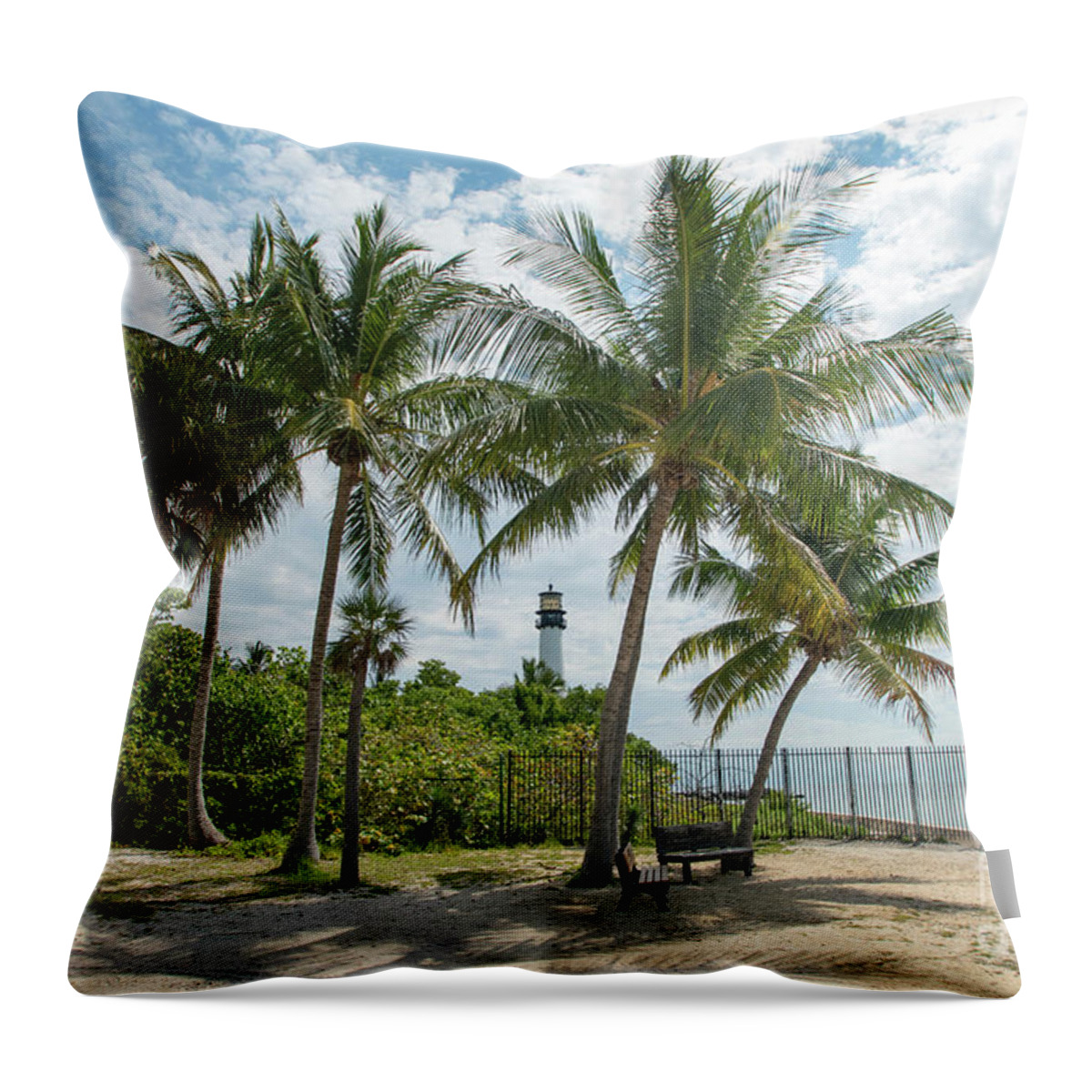 Cape Throw Pillow featuring the photograph Cape Florida Lighthouse and Palm Trees on Key Biscayne by Beachtown Views