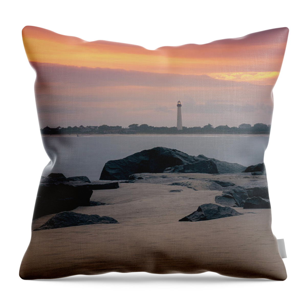 Lighthouse Throw Pillow featuring the photograph Cape May Lighthouse Beach Sunset by Jason Fink