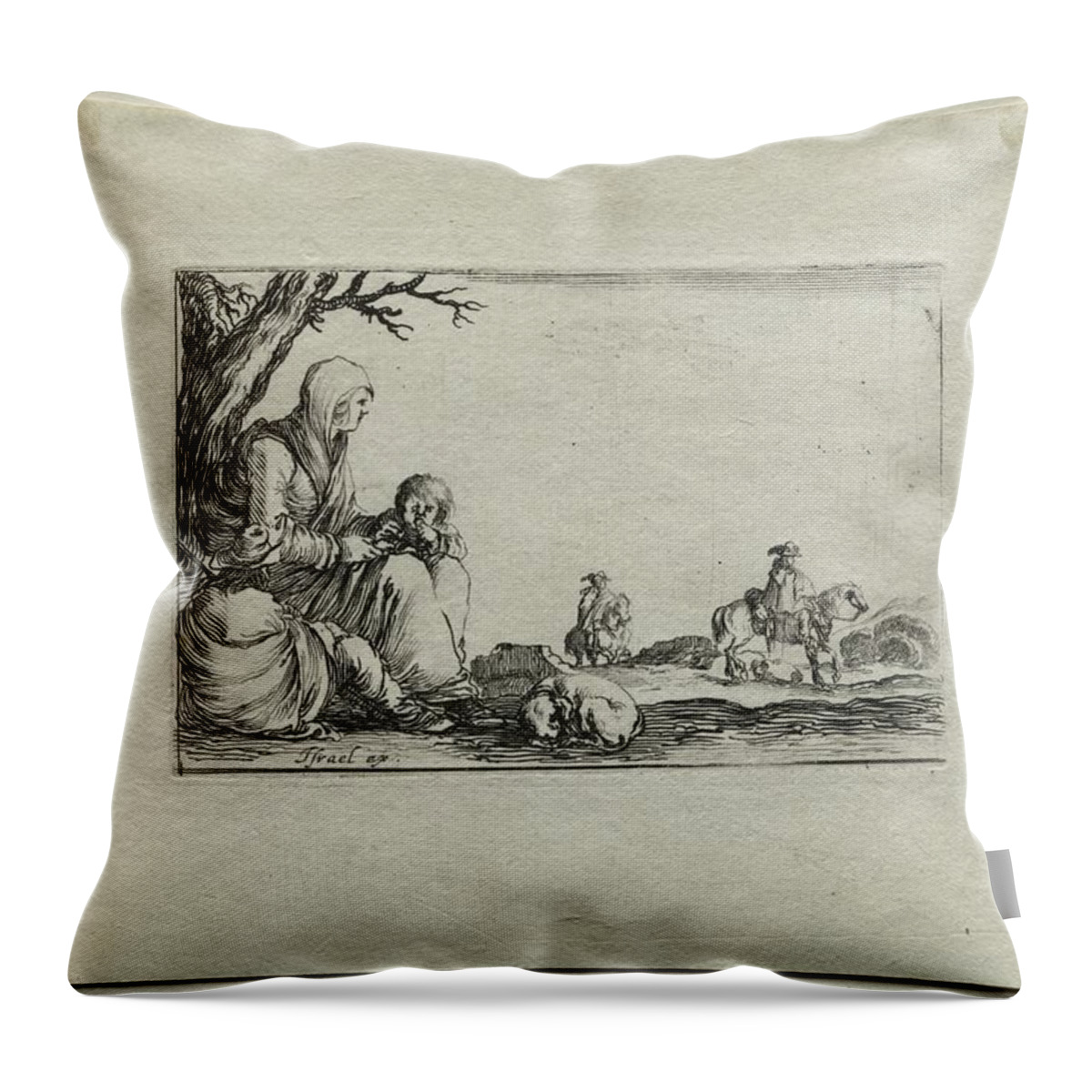 Antique Throw Pillow featuring the painting Caprices Seated Beggar Woman with Two Children c. 1642 Stefano Della Bella by MotionAge Designs