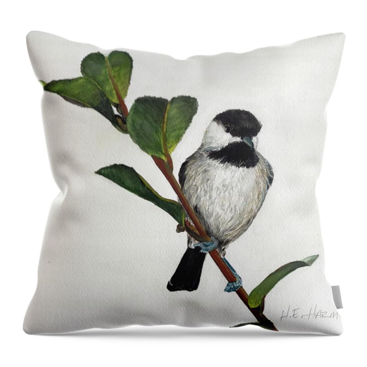 Branch Throw Pillow featuring the painting Carolina Chickadee by Heather E Harman