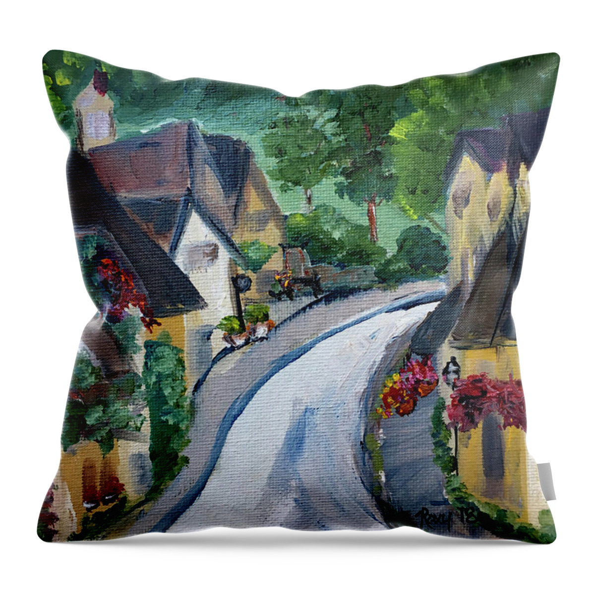 Castle Combe Throw Pillow featuring the painting Castle Combe view from Town Square by Roxy Rich