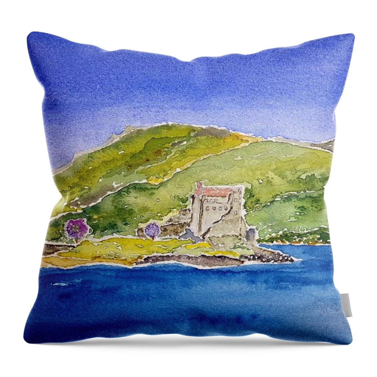 Watercolor Throw Pillow featuring the painting Castle Eilean Donan by John Klobucher