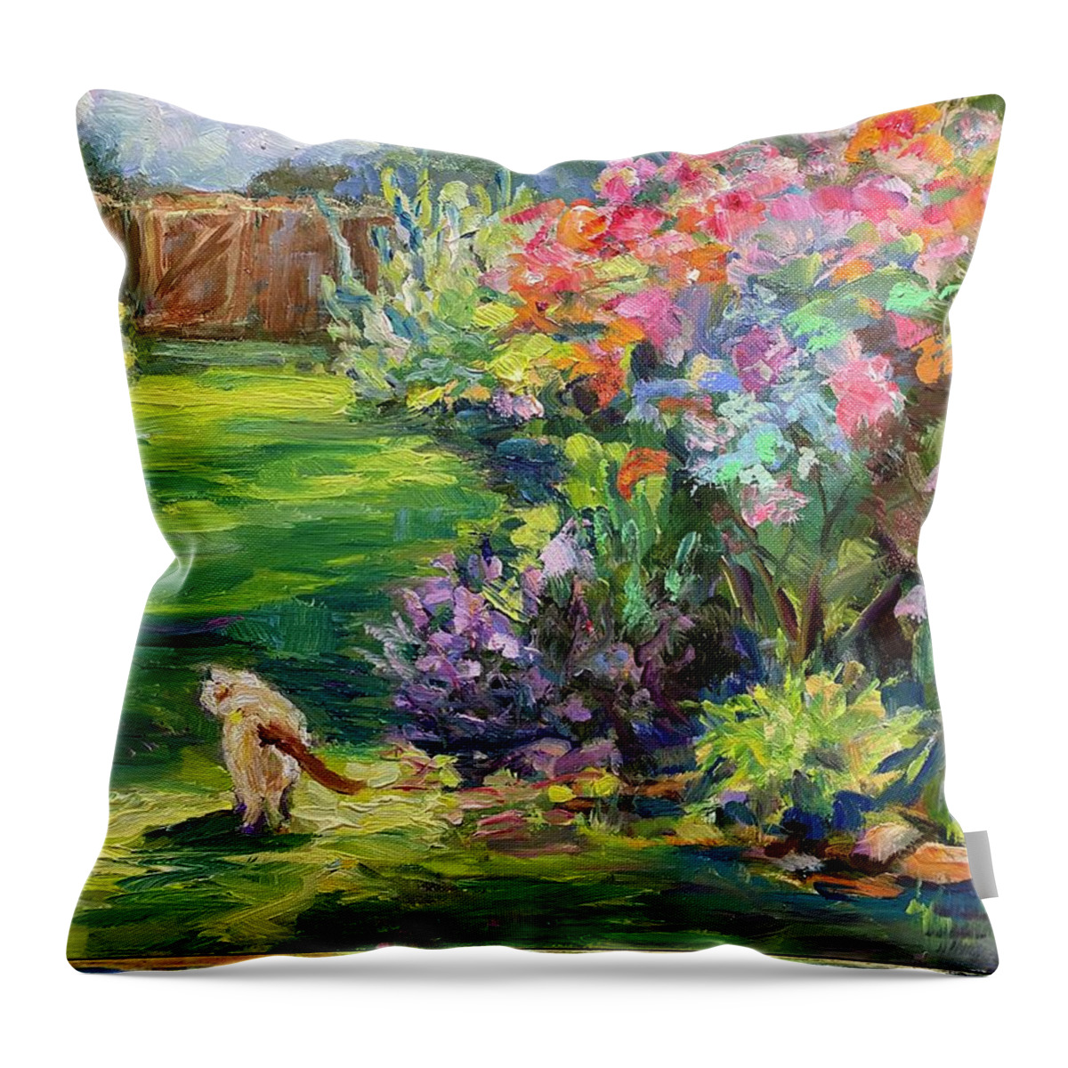 Cat Throw Pillow featuring the painting Cat in the Garden by Madeleine Shulman