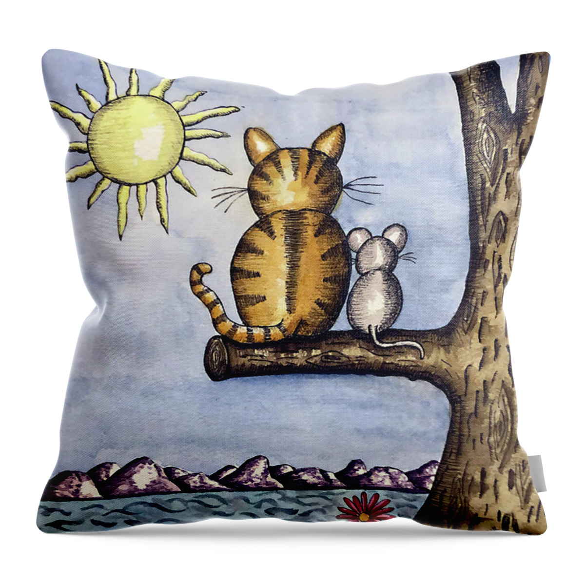 Childrens Art Throw Pillow featuring the painting Cat Mouse Sun by Christina Wedberg