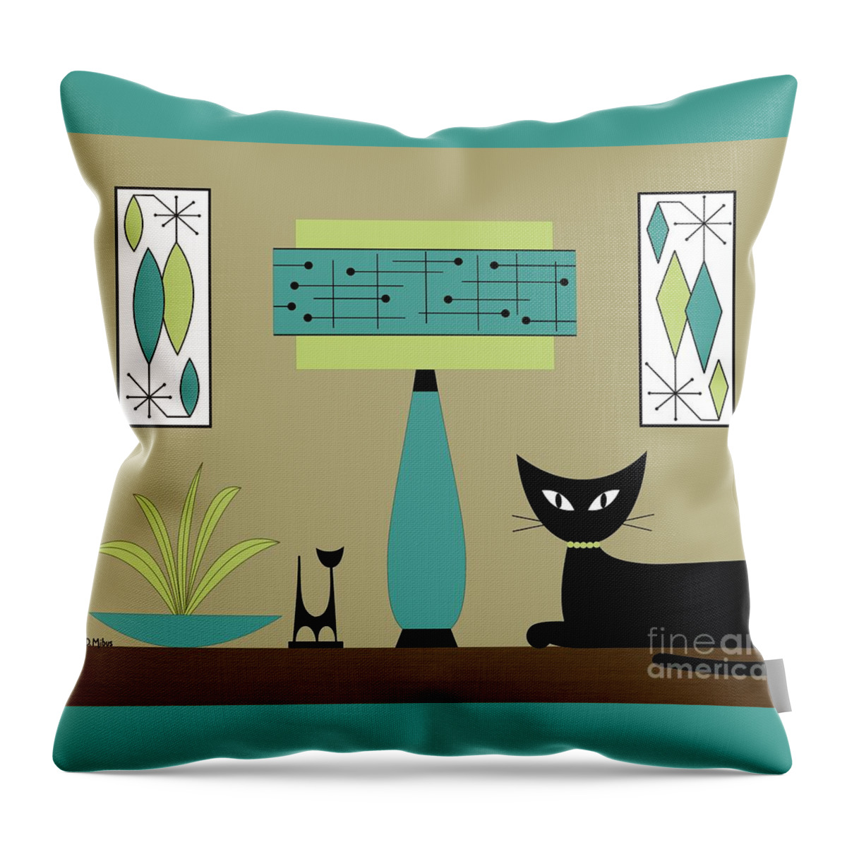 Mid Century Modern Throw Pillow featuring the digital art Cat on Tabletop with Lamp in Teal by Donna Mibus