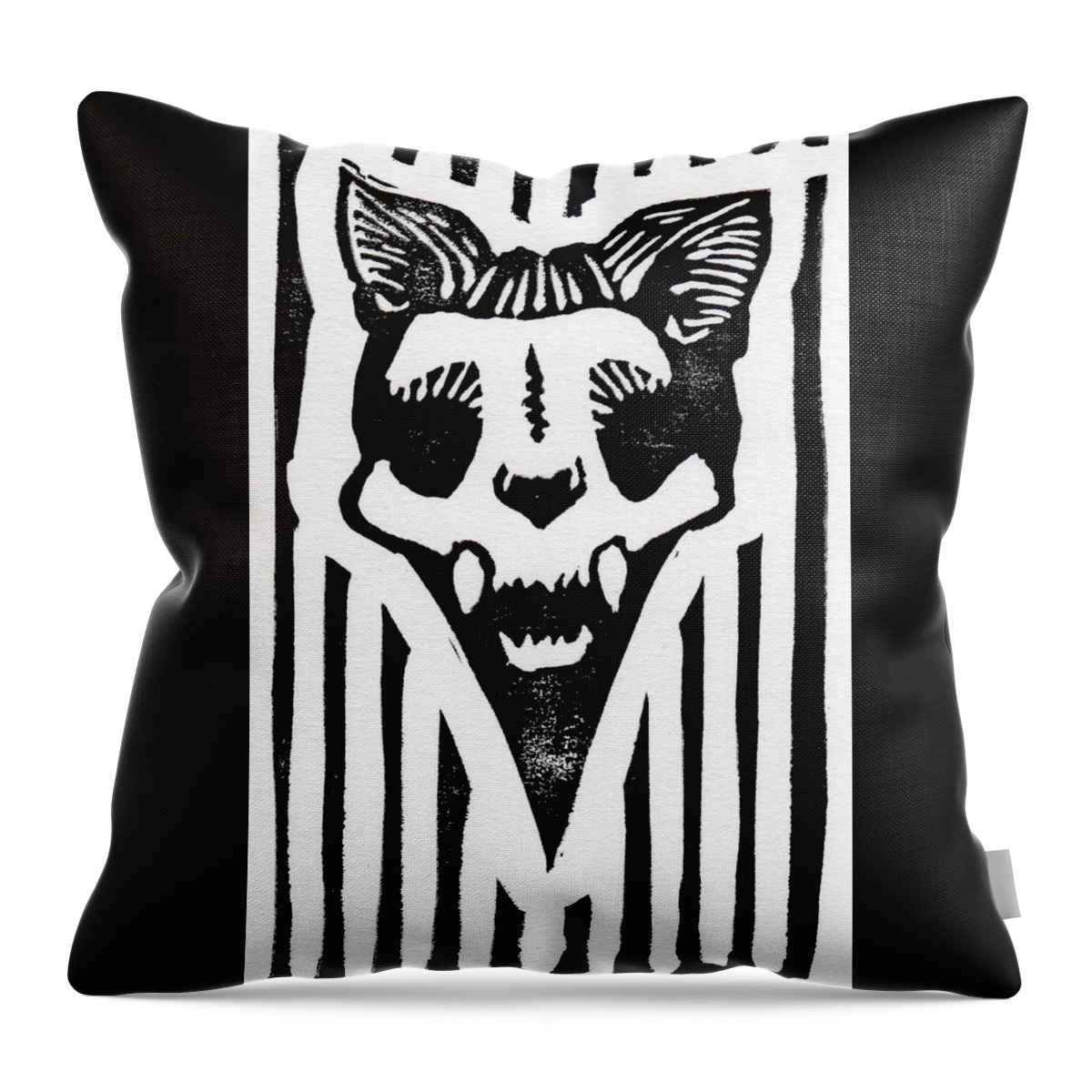 Lino Throw Pillow featuring the relief Cat Skull by Tiffany DiGiacomo