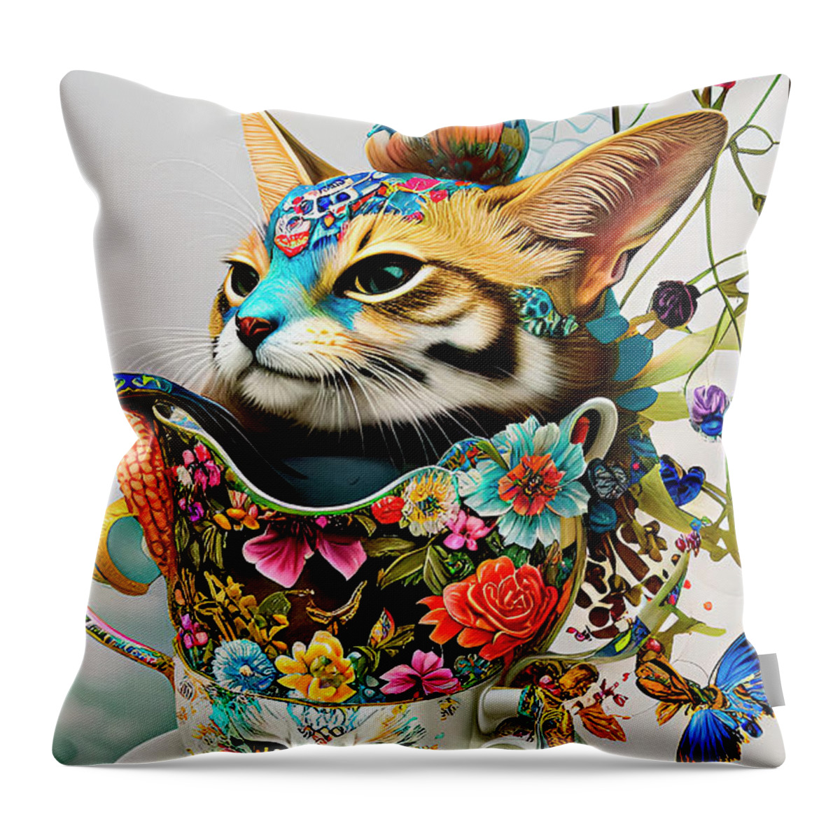 Digital Art Throw Pillow featuring the digital art Cats in A Cup 2 Ginette In Wonderland Decorative Art by Ginette Callaway