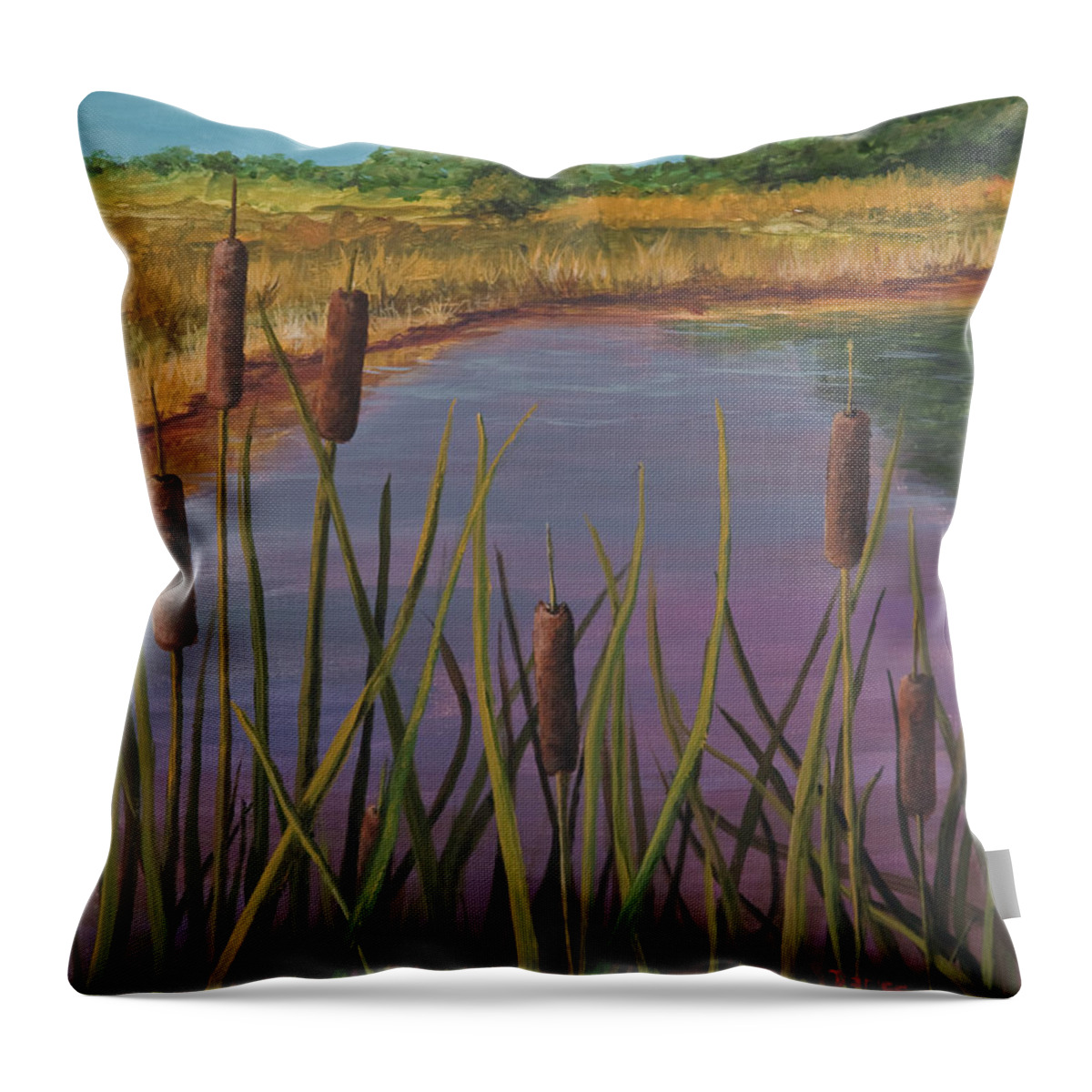Landscape Throw Pillow featuring the painting Cattails by Darice Machel McGuire