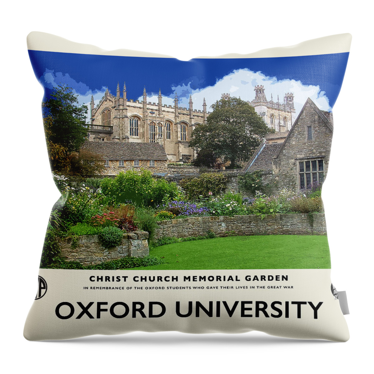Oxford University Throw Pillow featuring the photograph CC Mem Garden Cream Railway Poster by Brian Watt
